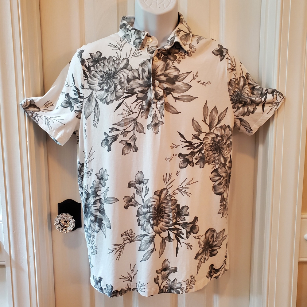 Express Men's Floral Polo Shirt Medium Black White Cotton Modal